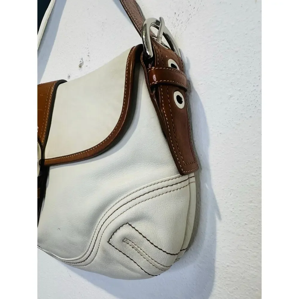 COACH White Brown Saddle SoHo Leather Hobo Leather Handbag F10192